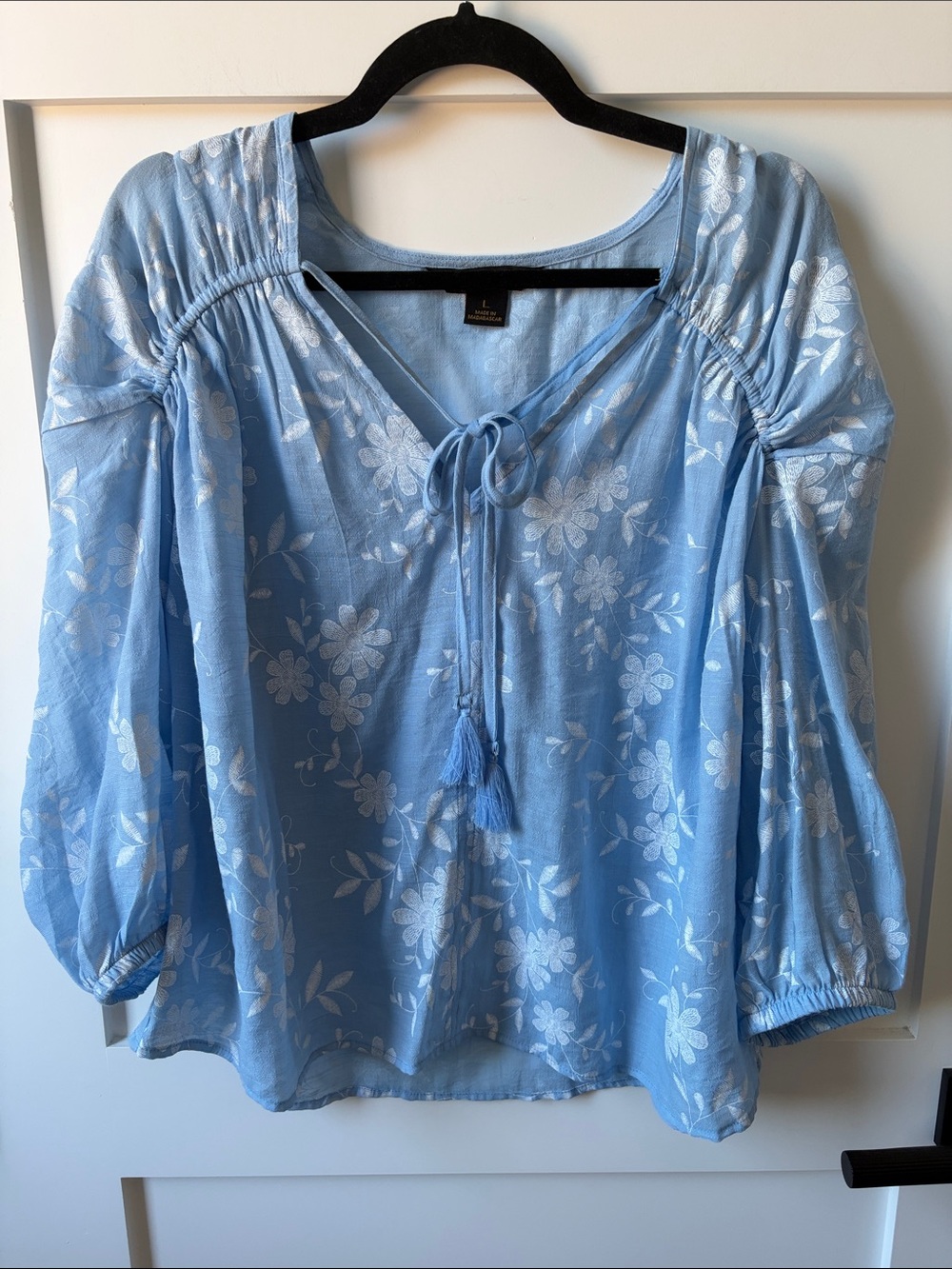 Counterparts Light Blue Floral Tie-Neck Peasant Blouse